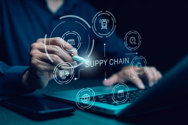 Tedarik zinciri yönetim konsepti taşımacılığı ve lojistik tedarikçiler, ithalat ihracat ve ulaşım endüstrisi. ağ dağılımı artışı. konteyner kargo gemisi ve endüstriyel kargo kamyonu