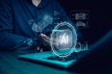 Endüstriyel Mühendis ve yapay zeka, Yapay Zeka konsepti, Teknik Endüstriyel Mühendisler Yöneticisi ve izleme sistemi yazılımı ve ikon endüstrisi ile robotları kontrol eden araç EV teknolojisi.