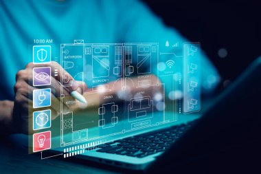 El, odada akıllı ev uygulaması olan yapay zeka tableti, sanal ekrandaki akıllı ev otomasyon asistanının dairesel arayüzü ve kullanıcı, akıllı ev dijital arayüzü tuşuna basar 