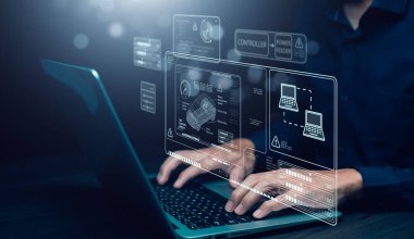 Endüstriyel Mühendis ve yapay zeka, Yapay Zeka konsepti, Teknik Endüstriyel Mühendisler Yöneticisi ve izleme sistemi yazılımı ve ikon endüstrisi ile robotları kontrol eden araç EV teknolojisi.