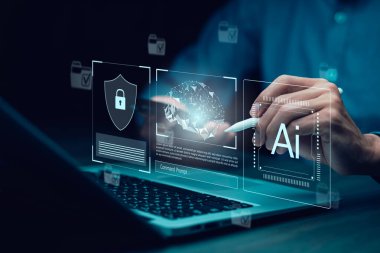 Dizüstü bilgisayarlarla ya da akıllı telefonlarla çalışan programcılar, dizüstü bilgisayarlarda teknoloji ikonları ve ikili kodlarla kodlayan yapay zeka mühendisi, büyük veri, yapay robot dijital makine