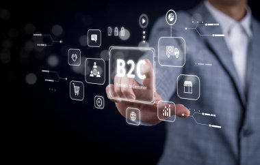 Business-to-customer (B2C) concept with a businessman touching virtual icons representing e-commerce, customer service, online shopping, delivery, and marketing technology in a futuristic interface