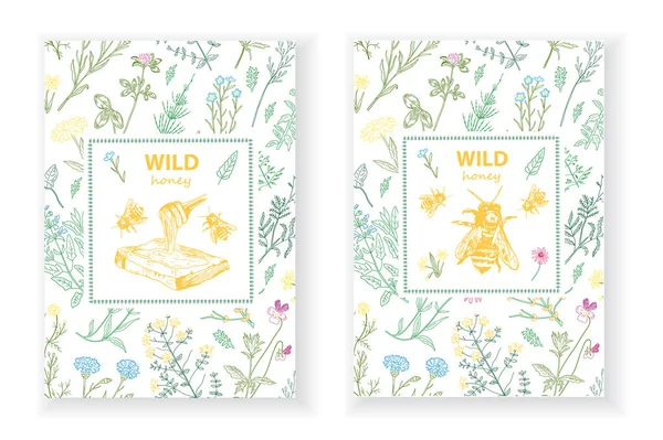 Frames with honey bee, hive, herbs and wild flowers. Stock Illustration