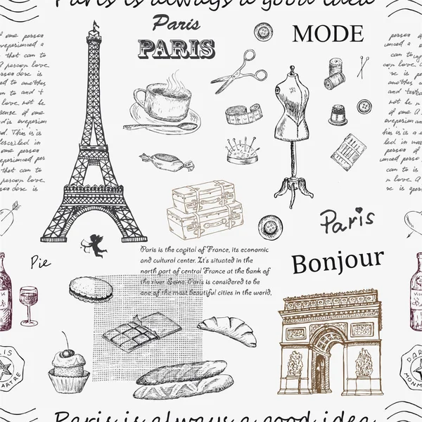 Parijs. Vintage naadloze patroon met Eiffeltoren, Triumphal Arch — Stockvector