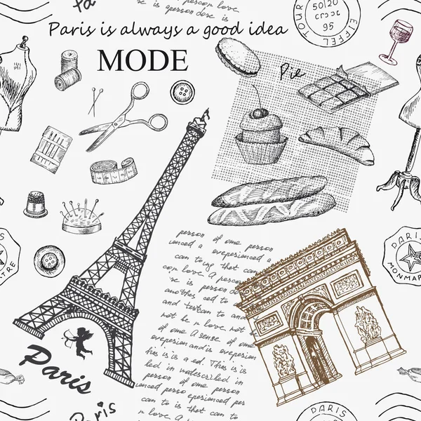Paris. Motif vintage sans couture avec Tour Eiffel, Arc de Triomphe — Image vectorielle