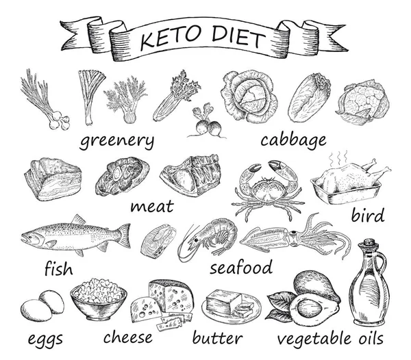 Keto dieta zbiór szkiców. Produkty dozwolone. Dieta ketogeniczna — Wektor stockowy