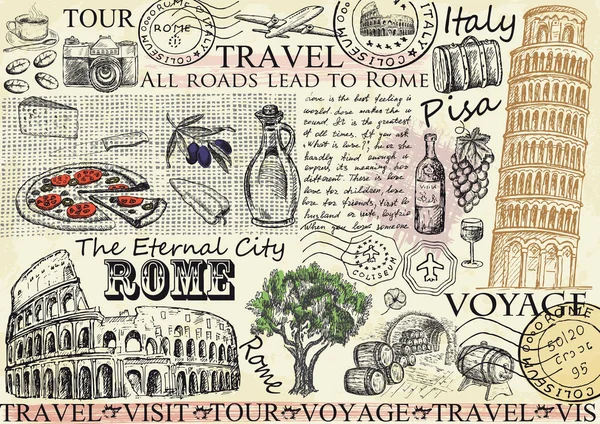 Colosseum ve Pisa Kulesi ile Roma İtalya. Vektör çizim.