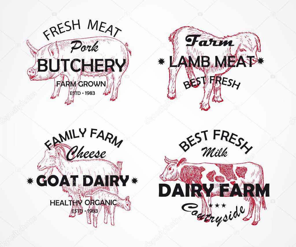 Farm animals Cow, Goat, Pig, Lamb. Vector illustration emblem or logo template. Vintage design with hand drawn sketch. Line art style.