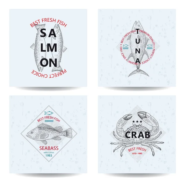 Beste verse vis tonijn, zalm, zeebaars, krab. Vectorillustratie — Stockvector