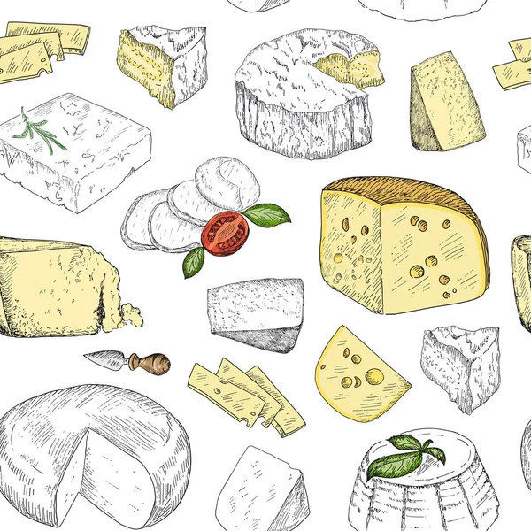 Hand drawn sketch cheese vintage seamless pattern. — Stock Vector