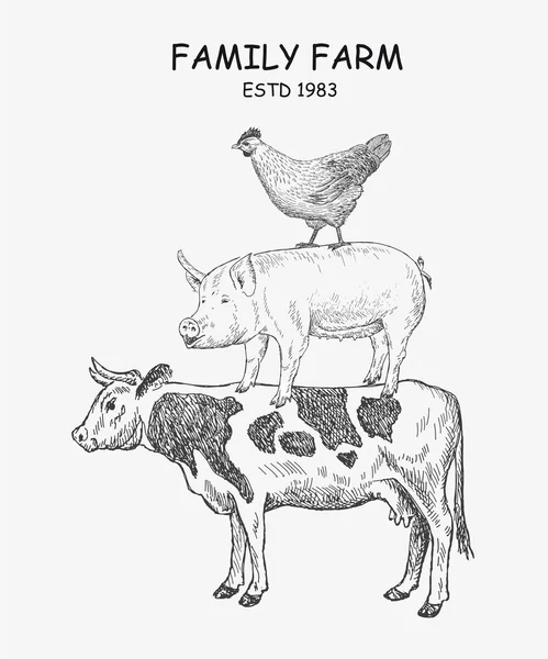 Animales de granja Vaca, cerdo, pollo. Emblema de ilustración vectorial — Archivo Imágenes Vectoriales