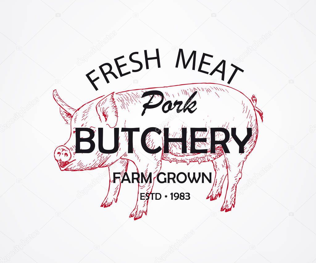 Fresh Meat Butchery Pig. Vector illustration emblem or logo