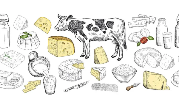 Produtos lácteos. Desenhos vetoriais ilustração desenhada à mão —  Vetores de Stock