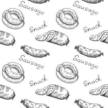 Ambalajı. Sosis, Aperatif ve metin ile Vintage seamless modeli.