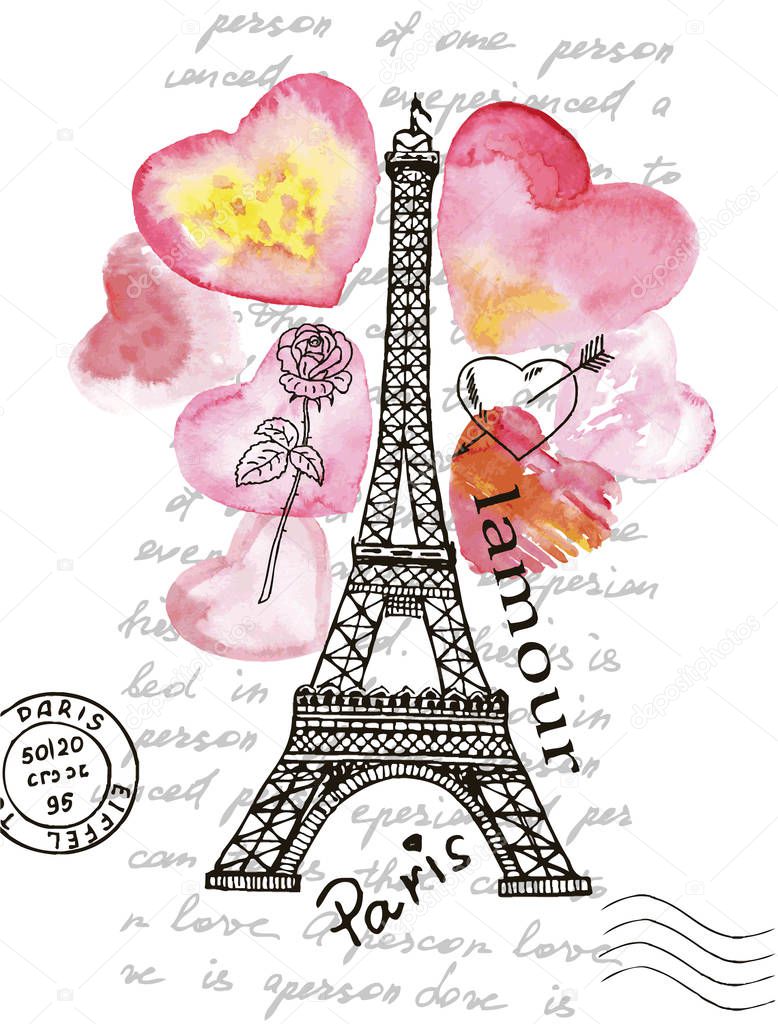 Eiffel Tower on the background of watercolor heart.