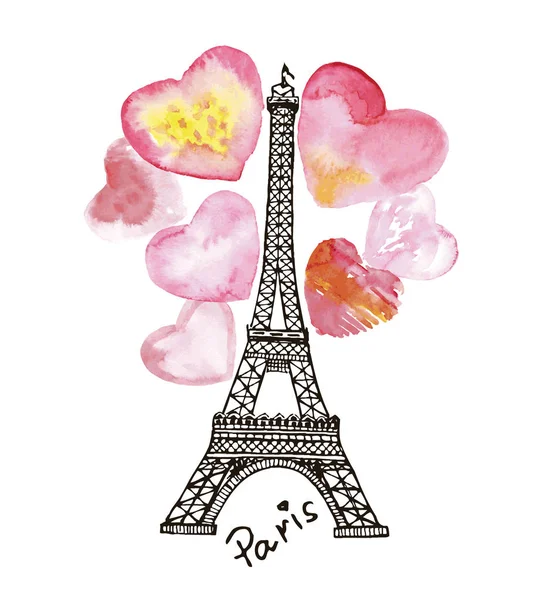 Eiffel-torony, a háttérben az akvarell szív. — Stock Vector