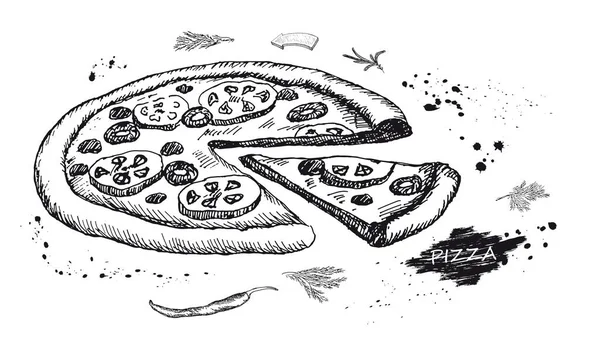 Beste hete Pizza. Vintage design met de hand getekende schets. — Stockvector