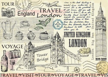Big Ben ve Tower Bridge Londra. Vektör çizim