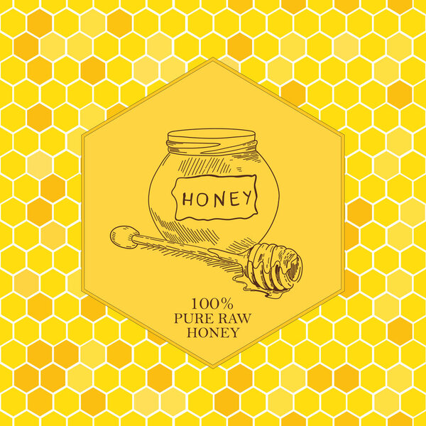 Vector card template with honey stick sketches hand drawn and seamless pattern.