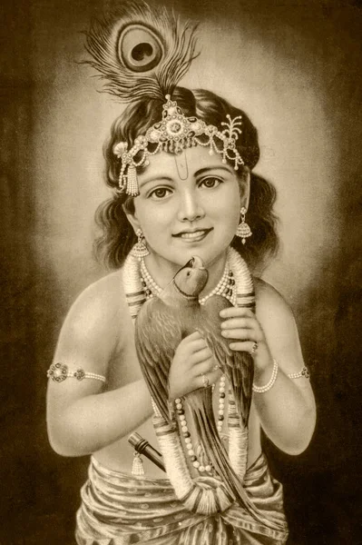 Mar 2013 Peinture Vintage Bal Krishna Tenant Perroquet Dans Main — Photo