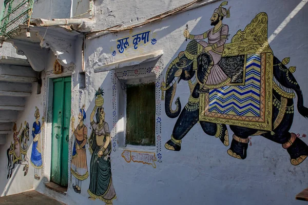 Nov 2007 Wall Pintura Casa Velha Udaipur Rajasthan Índia Ásia — Fotografia de Stock
