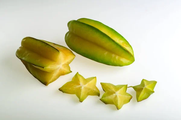 Fruta Tropical Alimentar Carambolas Cortadas Fatias Com Pontos — Fotografia de Stock