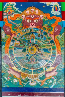 Karnataka Hindistan Asya 'daki Mundgod' daki Shar Gaden Manastırı 'nda 12-Jun-2013 duvar resmi.