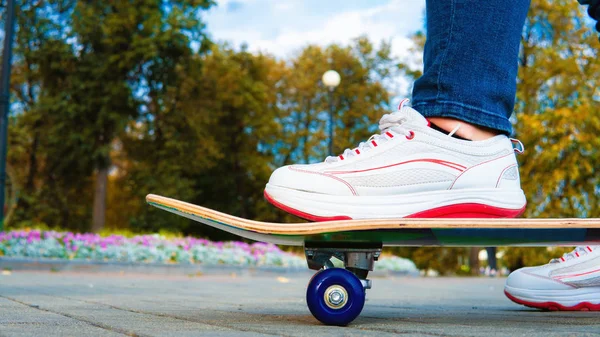 Genç kız sonbahar parkında bir kaykay üzerinde sürmek.