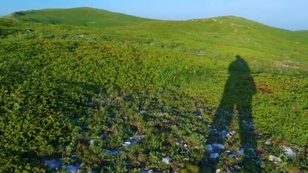 Schaduw van een reiziger op een achtergrond van een bergweide en blauwe lucht. — Stockvideo