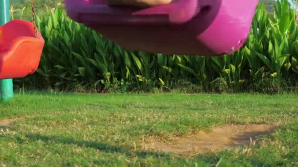 Piccola ragazza carina che oscilla su un'altalena al parco giochi . — Video Stock
