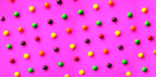 Tasty Colorful Candies Pink Background Top View — Stock Photo, Image