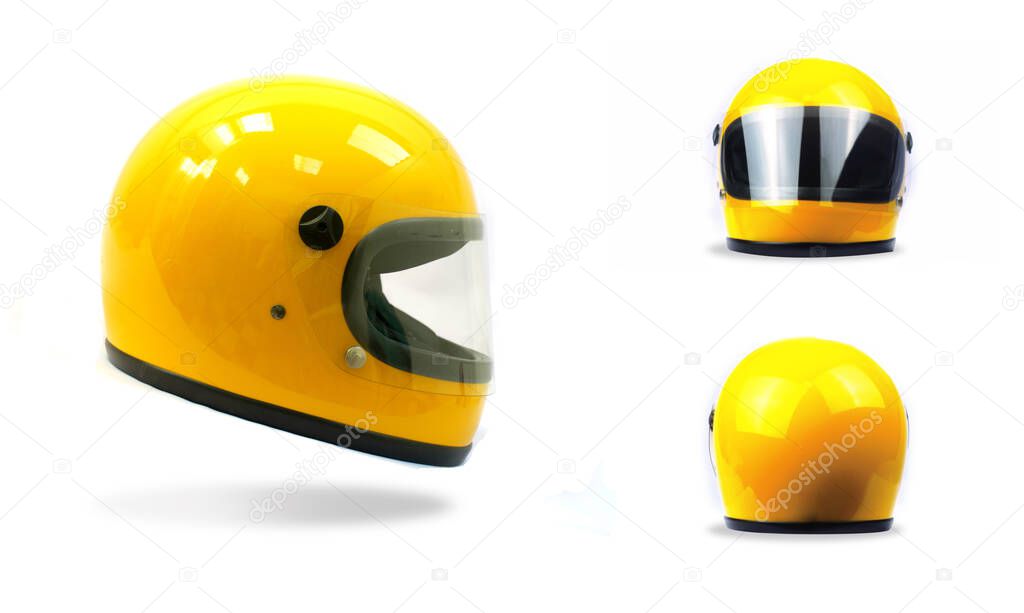 Yellow motorcycle helmet on a white background, front, back, side