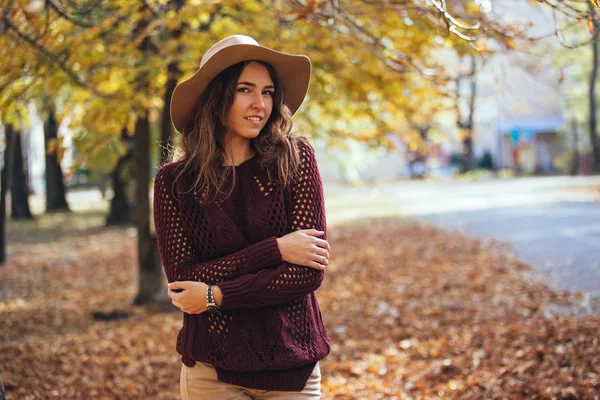 Porträt einer schönen jungen Frau, die im herbstlichen Park im Freien in kuscheligem Pullover und Hut spaziert. warmes sonniges Wetter. Herbstkonzept. Kopierraum — Stockfoto