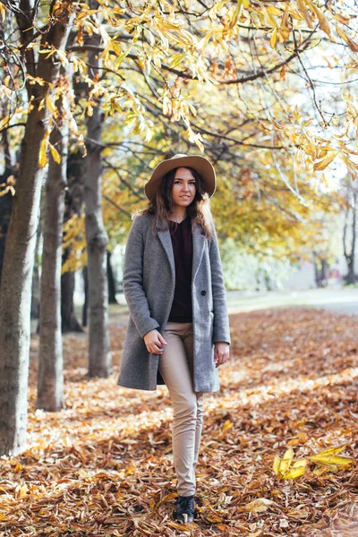 Autumn woman in autumn park in cozy sweater,coat and hat. Warm sunny weather. Fall concept — Stock Photo, Image