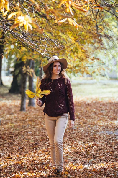 Счастливая улыбка молодая женщина гуляет на открытом воздухе в осеннем парке в уютном свитере и шляпе. Теплая солнечная погода. Осенняя концепция. Копирование пространства — стоковое фото
