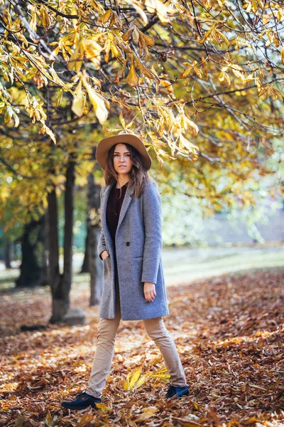 Портрет красивой молодой женщины, гуляющей на свежем воздухе в осеннем парке в уютном пальто и шляпе. Теплая солнечная погода. Осенняя концепция . — стоковое фото