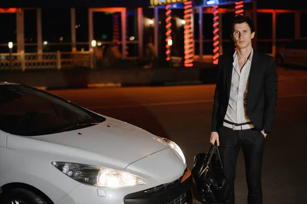 Stylish Young Man Standing Next His White Cabriolet Nightlife Businessman Stock Photo