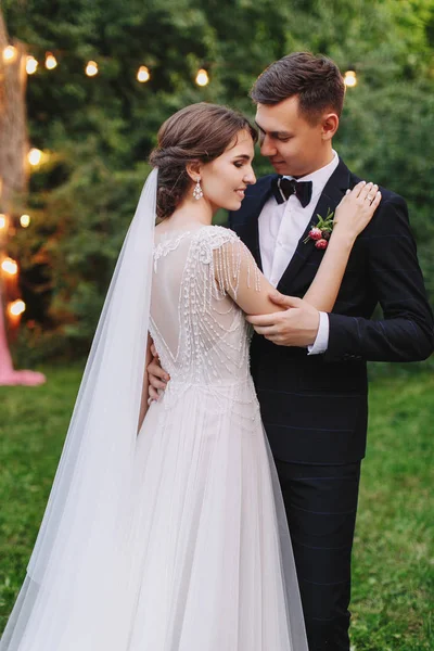 Cerimonia Nozze Serale Con Lanterne Lampade Albero Sposa Sposo Abbracciare — Foto Stock