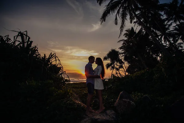 Δύο νέοι εραστές στέκεται σε μια παραλία και να ψάχνουν κάθε άλλο ηλιοβασίλεμα να palm background.sillhouette δέντρα, αγάπη ζευγάρι — Φωτογραφία Αρχείου