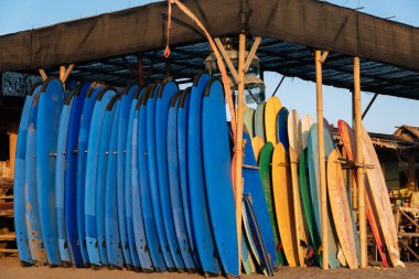 Sörf tahtaları, sörf tahtaları okyanus tarafından bir yığın halinde sahilde birçok farklı renk. Bali.Indonesia. su spor, mutlu etkin yaz tatili. Surfboard Kiralama plajda Weligama, Sri Lanka