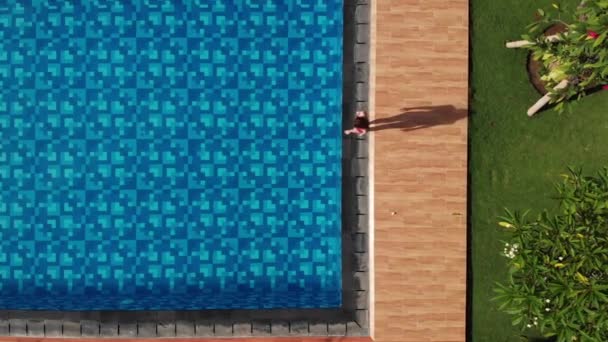 Aerial - Woman in red swimsuit jumping and dives into the pool and swims under the water. Vacation tropical concept. Aerial veiw. Drone. Top view. — Stock Video