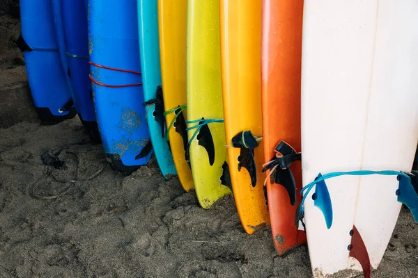 Lot of single fin surfing longboard with surf leash ready for rent. Set of multicolored surf boards in a stack by ocean. Surf lessons, water sport adventure camp and extreme swim on summer vacation. — Stock Photo, Image