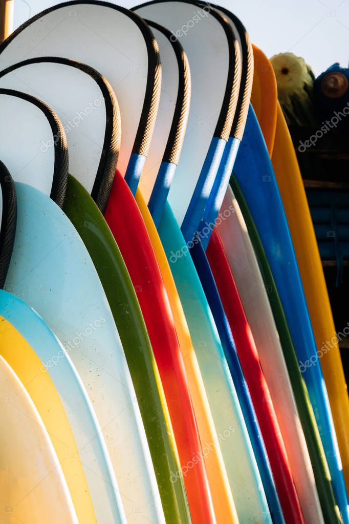 Conjunto de tablas de surf de colores en alquiler en la playa. Tablas
