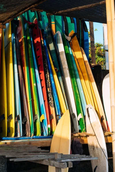 Set of colorful surfboard for rent on the beach. Multicolored surf boards different sizes and colors surfing boards on stand, surfboards rental place — Stock Photo, Image