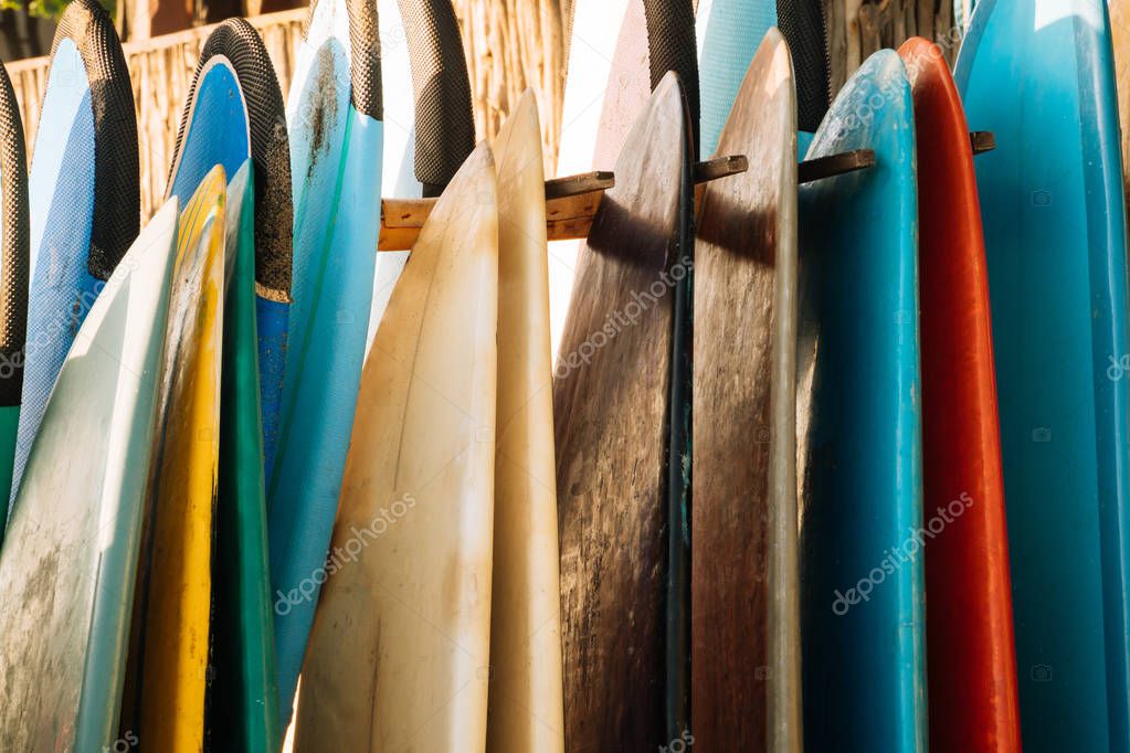 Conjunto de tablas de surf de colores en alquiler en la playa. Tablas