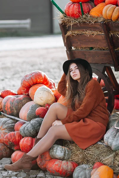 Portret van een vrolijke vrouw die naast de wagen poseert met sinaasappelpompoen op de boerenmarkt in bruine trui, jurk en hoed. Gezellige herfst vibes Halloween, Thanksgiving dag. — Stockfoto