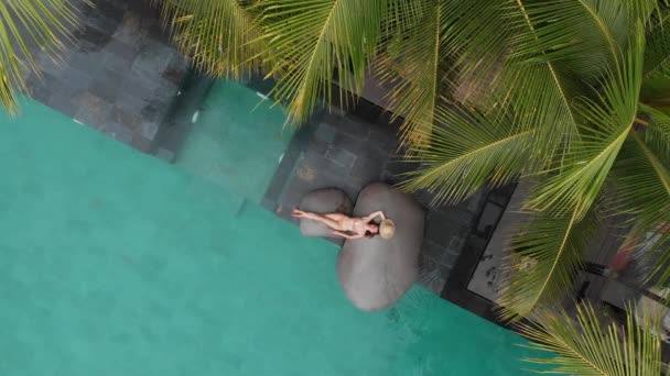 Vista superior de la mujer joven delgada en bikini beige y sombrero de paja relajante en la piscina de lujo rodeada de palmeras. Cámara elevándose arriba — Vídeos de Stock