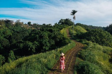 Sanatçıların Campuhan Ridge yolu üzerinde yürüyen kadın arka görünümü, Bali, Ubud. Drone fotoğraf Kopyalama alanı