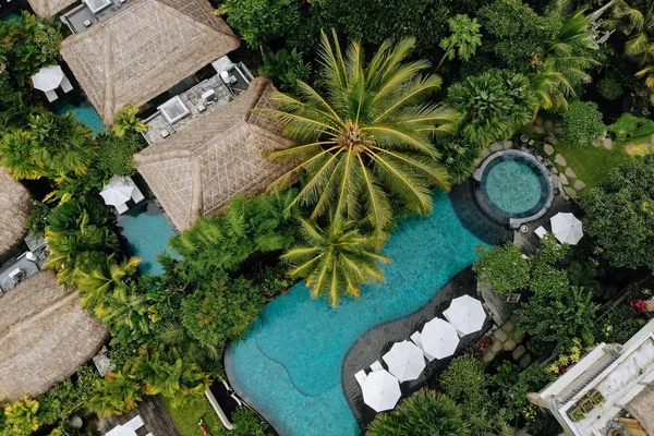 Vista aérea del hotel de lujo con villas de paja y piscinas en la selva tropical y palmeras. Lujosa villa, pabellón en el bosque, Ubud, Bali — Foto de Stock