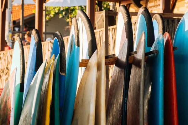 Conjunto de prancha colorida para alugar na praia. Placas de surf multicoloridas diferentes tamanhos e cores pranchas de surf em stand, pranchas de surf local de aluguel — Fotografia de Stock